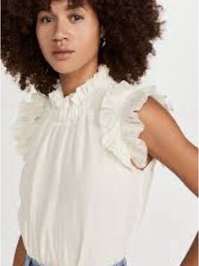 Sea New York Ramie Sleeveless Ruffle Neck Blouse in Cream